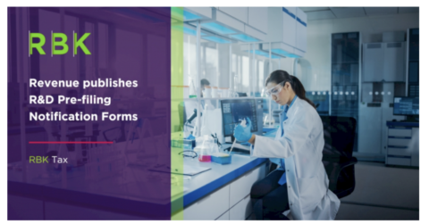 A female scientist works at a laboratory bench with lab equipment. On the left, purple and green text reads: RBK. Revenue publishes R&D Pre-filing Notification Forms. RBK Tax.