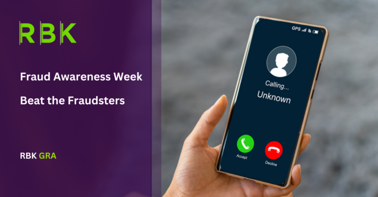 A hand holds a mobile phone showing an incoming call from “Unknown.” Text on a purple background reads: “Fraud Awareness Week. Beat the Fraudsters. RBK GRA.”.