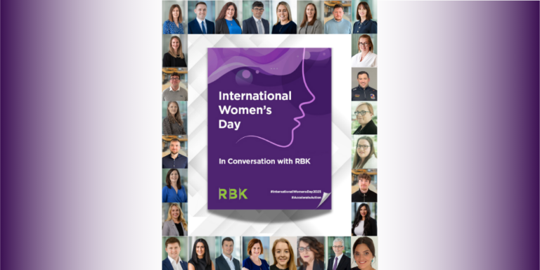 A central purple poster reads International Women’s Day: In Conversation with RBK, surrounded by individual headshots of women and men on a purple gradient background. #InternationalWomensDay2023 #EmbraceEquity.
