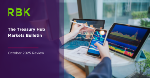 A person uses a tablet, smartphone, and laptop displaying colourful financial graphs. A purple overlay on the left shows RBK The Treasury Hub Markets Bulletin October 2025 Review.