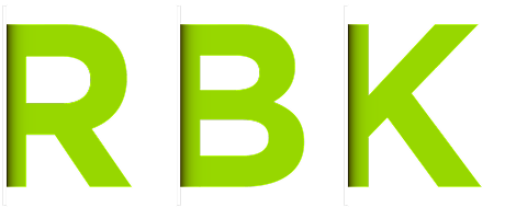 Large, bold, uppercase lime green letters RBK are shown with narrow vertical white gaps between each letter, set against a light grey background.