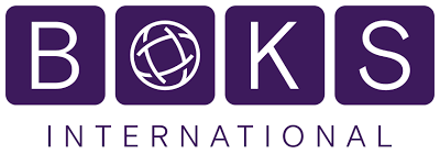 Logo for BOKS International. The word BOKS is in bold white letters within purple squares, with the letter O depicted as a globe. INTERNATIONAL appears below in smaller purple text.