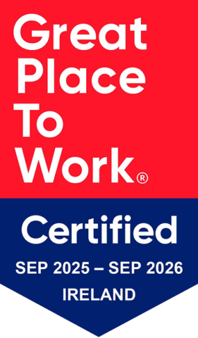 A badge with red and blue sections reads: Great Place to Work Certified, Sept 2025 – Sept 2026, Ireland.