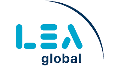 LEA global logo with LEA in blue rounded letters and global in dark blue below, alongside a curved dark blue swoosh arching over the text on a light background.