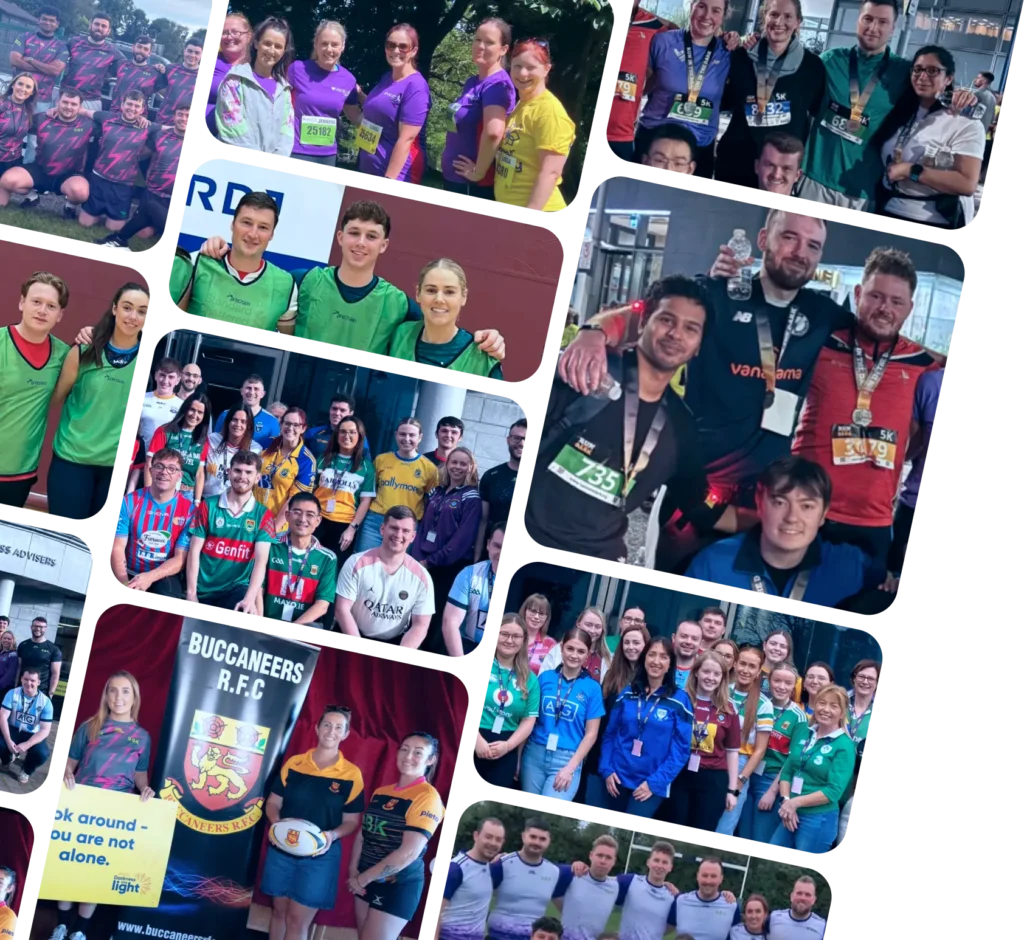 A collage of groups of people posing together in various colourful sports kits and uniforms, some wearing medals or holding trophies, smiling for the camera at sports or community events.