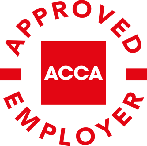 Red and white circular badge with the words Approved Employer around a red square containing the white ACCA logo in the centre.