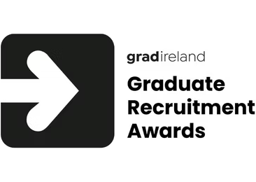 Black and white logo with a bold white arrow pointing right inside a black square, next to the text gradireland Graduate Recruitment Awards.
