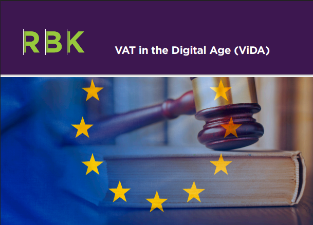 A gavel resting on a book with the European Union flag overlay. Above, the RBK logo and the text VAT in the Digital Age (ViDA) are displayed on a purple background.