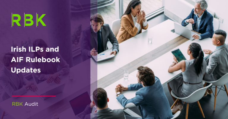 A group of six business professionals sit around a white conference table having a discussion. Text reads: Irish ILPs and AIF Rulebook Updates, with the RBK logo and RBK Audit on a purple overlay.