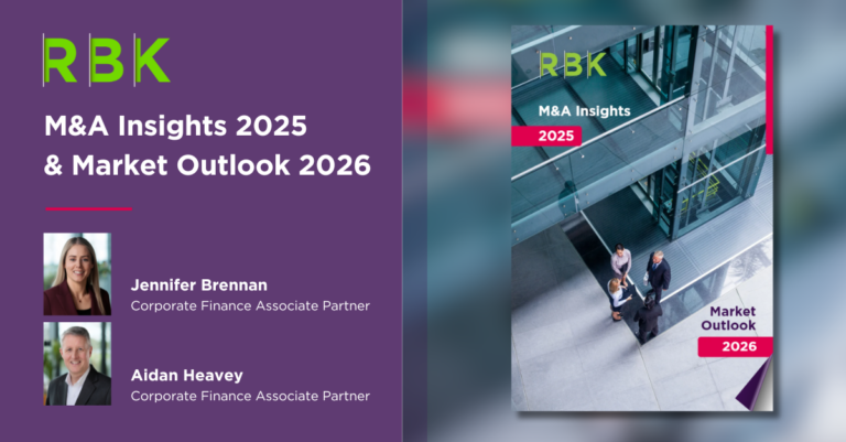 RBK flyer for M&A Insights 2025 & Market Outlook 2026 featuring photos of Jennifer Brennan and Aidan Heavey, Corporate Finance Associate Partners, with the cover image showing people in a modern office atrium.