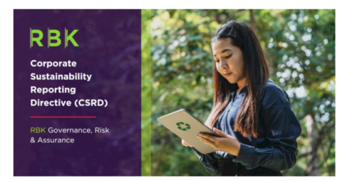 A woman holding a tablet with a recycling symbol stands outdoors. Next to her, text on a purple background reads: RBK Corporate Sustainability Reporting Directive (CSRD) RBK Governance, Risk & Assurance.