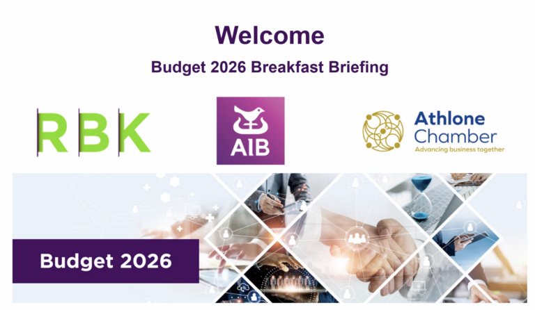 Welcome slide for Budget 2026 Breakfast Briefing featuring RBK, AIB, and Athlone Chamber logos, with images of business meetings and technology in the background.