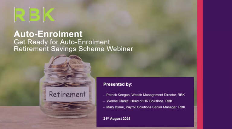 A jar filled with coins labelled Retirement sits on a wooden table. Text promotes an Auto-Enrolment Retirement Savings Scheme Webinar, with presenter names and date: 21 August 2025.